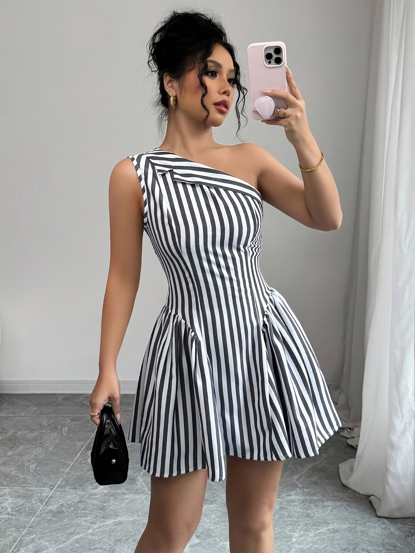 Women's Elegant Striped Asymmetrical Shoulder Sleeveless Mini Dress - A-Line Machine-Washable Spring Summer Fall Casual Chic Dress for Women, Seasonal Fashion | Nontransparent Fabric, Cute Dress